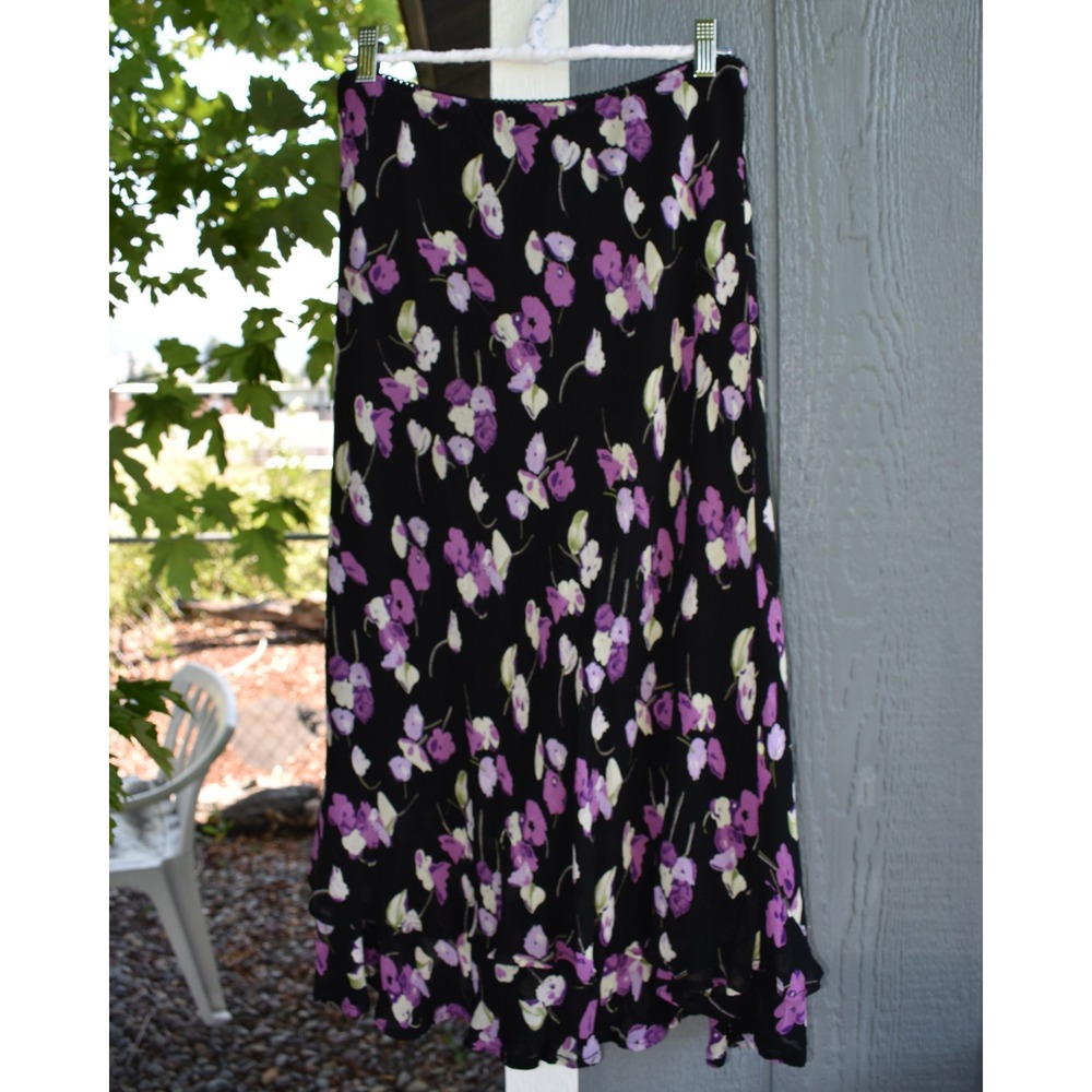 Style & Co Petite Black Purple Violet Floral Midi Skirt Layered Ruffle 12P